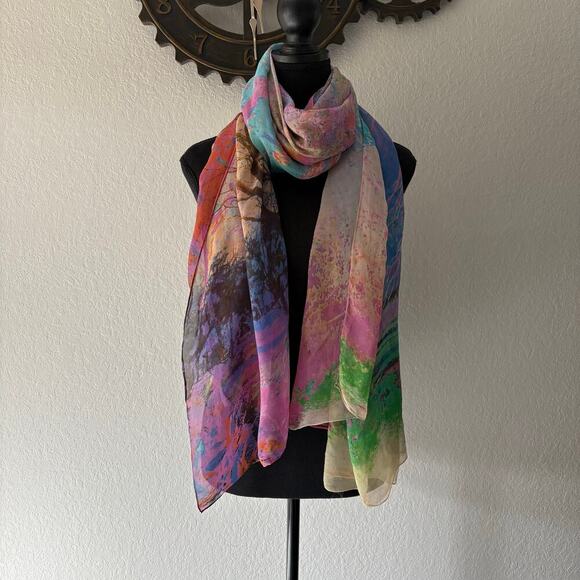 VTG GOTTEX Silk Scarf Wrap Watercolor 52"x70" Vibrant Retro 70s Artsy Hippie - Picture 1 of 8